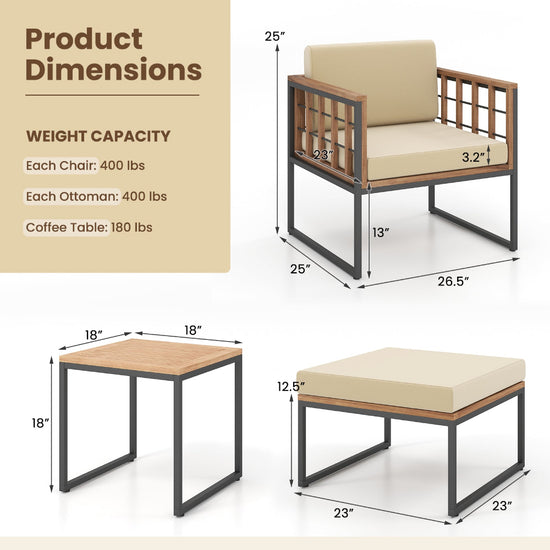 5-piece outdoor chair set with acacia wood, includes armchairs, ottomans, and a coffee table for patio seating.
