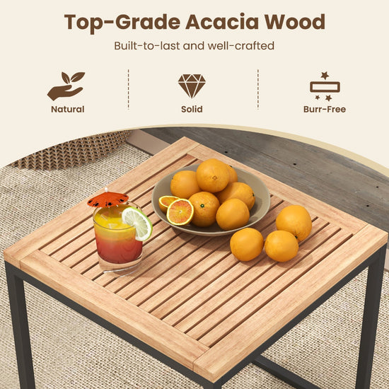 5-piece outdoor chair set with acacia wood, including armchairs, ottomans, and a coffee table for patio seating.