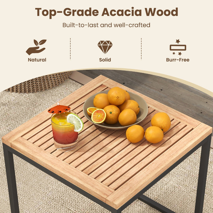 5-piece outdoor chair set with acacia wood, including armchairs, ottomans, and a coffee table for patio seating.