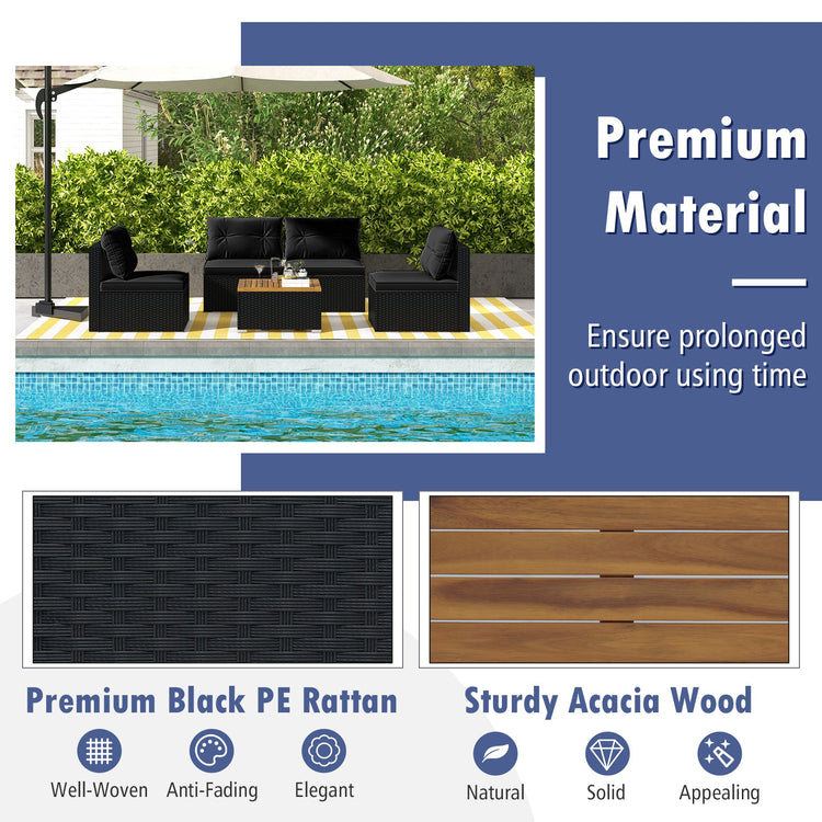 Black wicker outdoor chair set with five pieces, including cushioned seats and a matching table for patio relaxation.