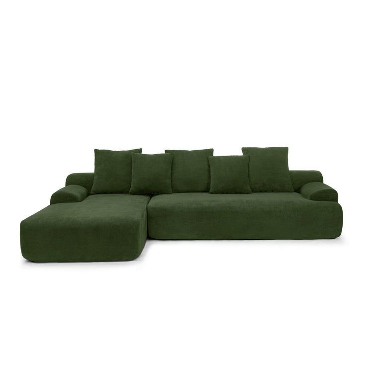 Green velvet L-shaped sectional sofa by HouseOfZazla, modern modular design with plush cushions and sleek upholstery.