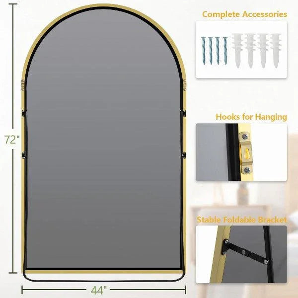 Gold arched full-length floor mirror with aluminum frame and shatterproof tempered glass, freestanding or wall-mounted by MIRRORONS.