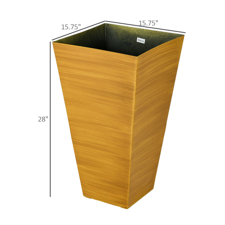 Set of three tall outdoor garden planters by Gallery La La, faux wood finish, with drainage holes, for garden or patio decoration.