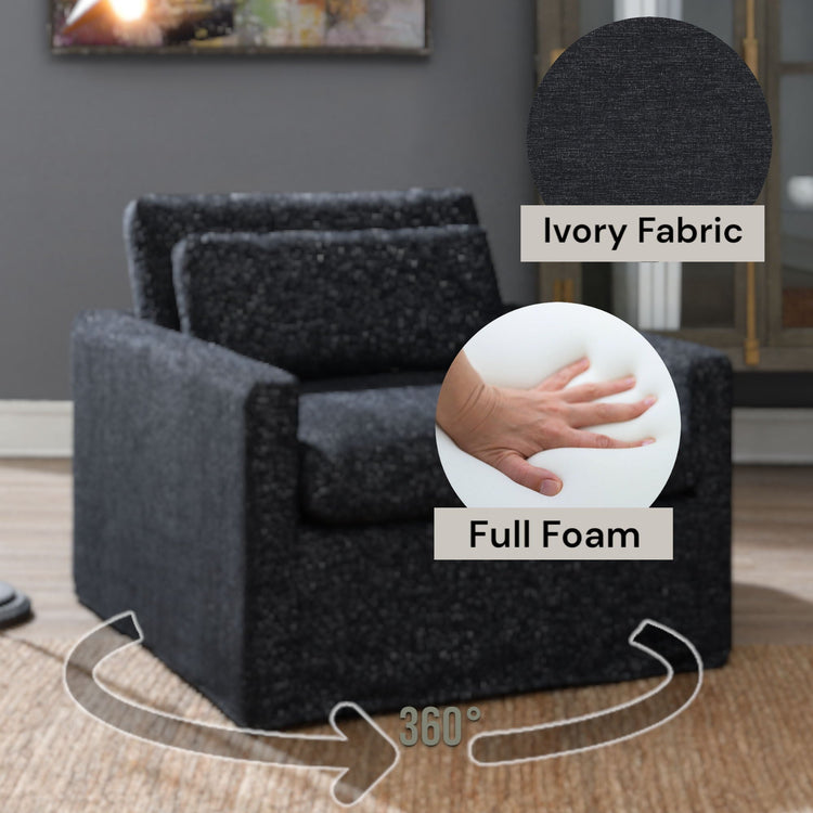 HouseOfZazla Naveen swivel chair with toss pillow, modern 360° lounge chair featuring sleek design and comfortable upholstery.
