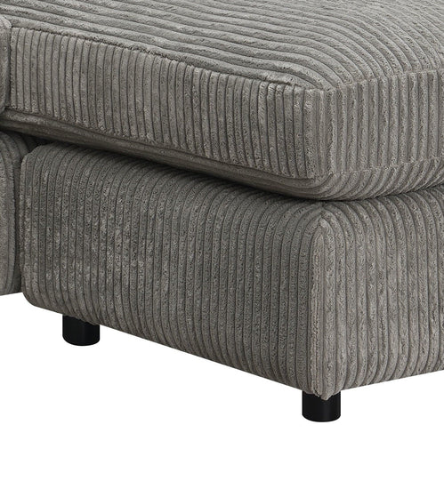Gray Tavia L-shape reversible sectional sofa with corduroy fabric, pocket coil cushions, and six decorative pillows.