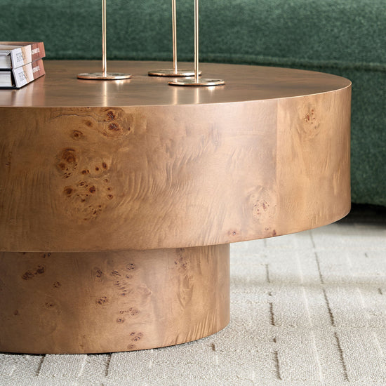 Round coffee table with burl wood veneer top and walnut pedestal base, HouseOfZazla's 31.49-inch modern living room centerpiece.