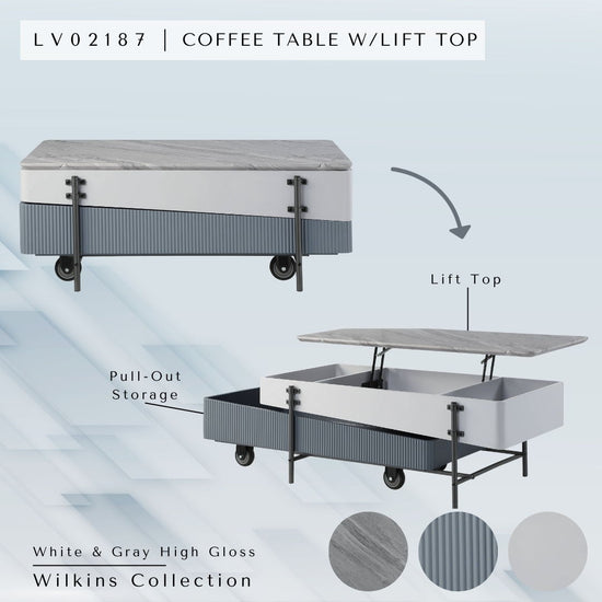 Gray and white high gloss Wilkins lift top coffee table by HouseOfZazla with metal legs and storage space.