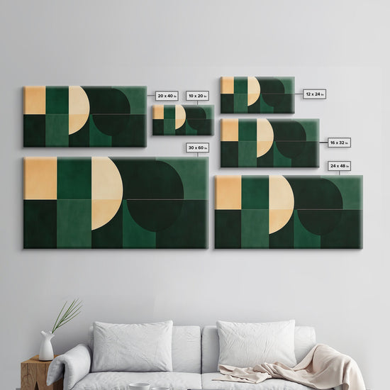 Emerald green geometric wall art by NuevArt, mid-century modern canvas print showcasing bold shapes and vibrant colors.