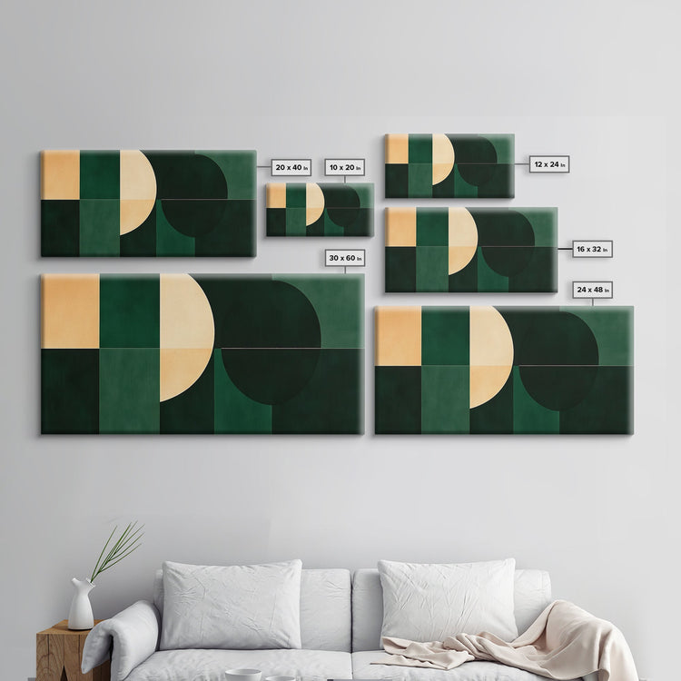 Emerald green geometric wall art by NuevArt, mid-century modern canvas print showcasing bold shapes and vibrant colors.