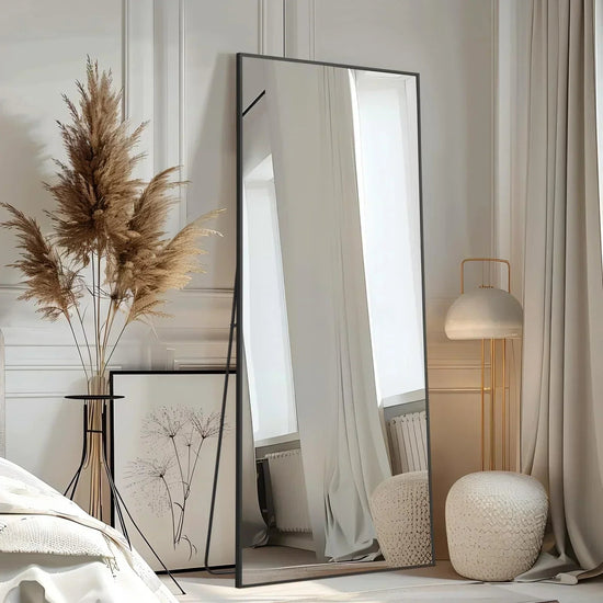 Oversized freestanding arched floor mirror with a gold aluminum frame, full-length design by MIRRORONS.