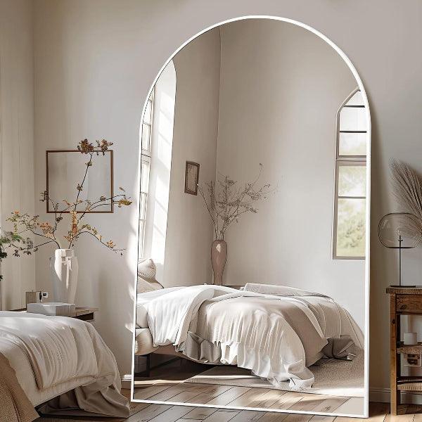 Large white MELOMOIR oversized floor mirror with thin aluminum frame, tempered glass, free-standing or hanging for bedroom or living room.