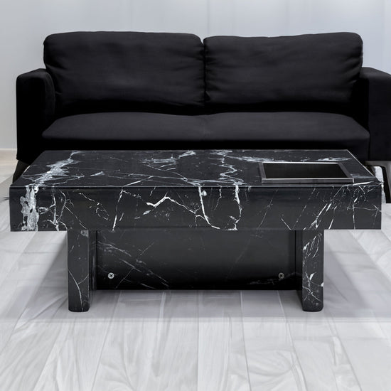 Modern black MDF round coffee table featuring a minimalist design, 31.4 inches in diameter, suitable for contemporary living spaces.