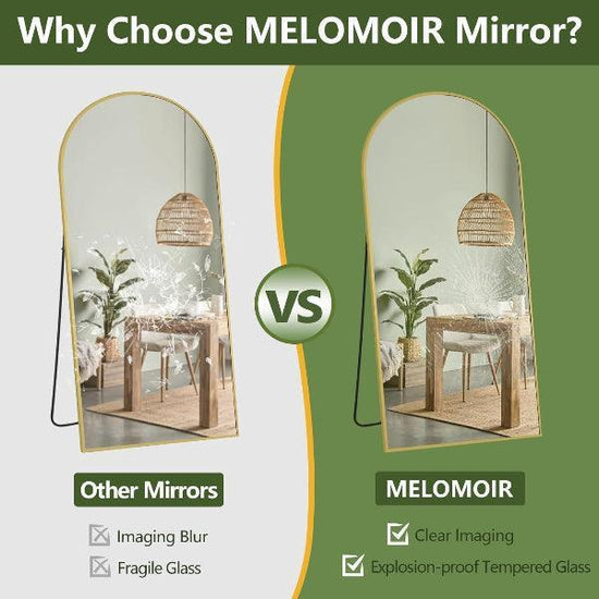 Gold arched full-length MIRRORONS floor mirror with shatterproof tempered glass, freestanding or wall-mounted, in a sleek aluminum frame.