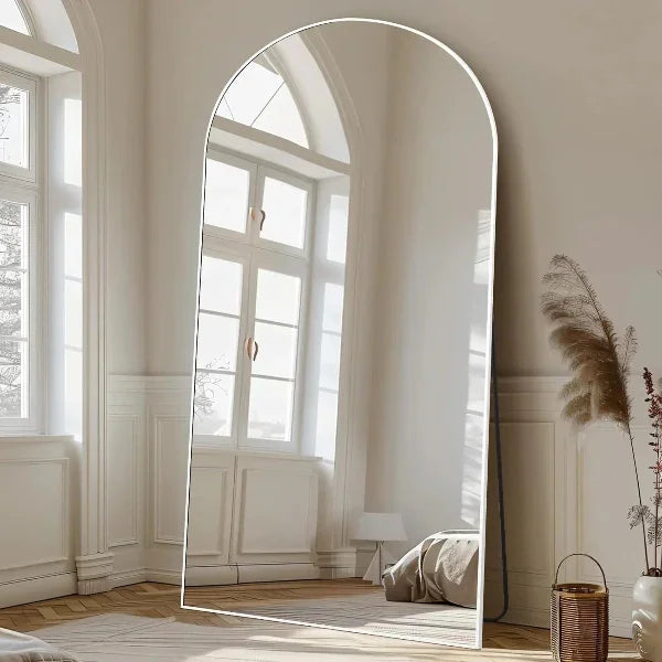 Large white MELOMOIR oversized floor mirror with thin aluminum frame, tempered glass, free-standing or hanging, ideal for bedroom or living room.