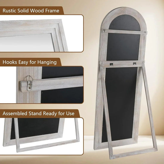 Full-length arched floor mirror with rustic wood frame, freestanding design, shatterproof tempered glass from MIRRORONS.