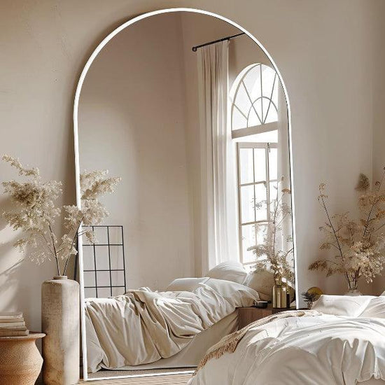 Large white MELOMOIR oversized floor mirror with a thin aluminum frame, free-standing or hanging, featuring tempered glass.
