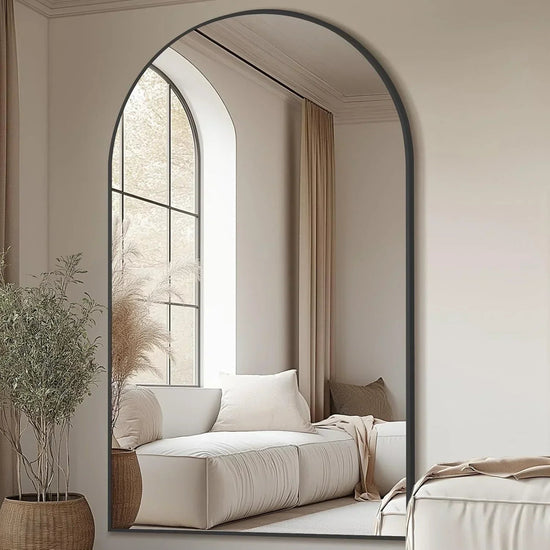 Oversized freestanding arched floor mirror with gold aluminum frame, full-length design for modern home decor.