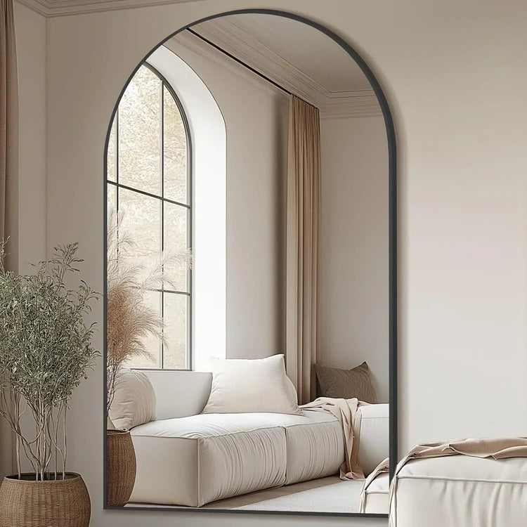 Oversized freestanding arched floor mirror with gold aluminum frame, full-length design for modern home decor.