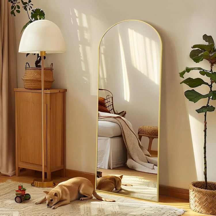 Large gold arched full-length mirror by MIRRORONS, floor-standing or hanging, ideal for bedroom, living room, or gym.