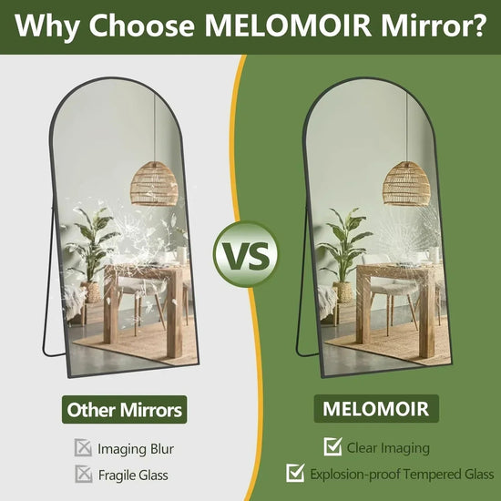 Oversized freestanding arched floor mirror with gold aluminum frame, full-length design, by MIRRORONS.