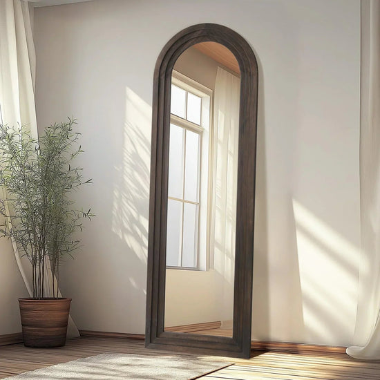 Arched full-length MIRRORONS floor mirror with rustic wood frame, freestanding design, shatterproof tempered glass, farmhouse style.