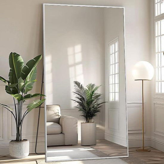 Large silver MELOMOIR oversized floor mirror with thin aluminum frame, tempered glass, free-standing or hanging, suitable for bedroom or living room.