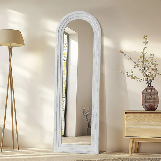 Arched full-length MIRRORONS floor mirror with rustic wood frame, freestanding design, shatterproof tempered glass.