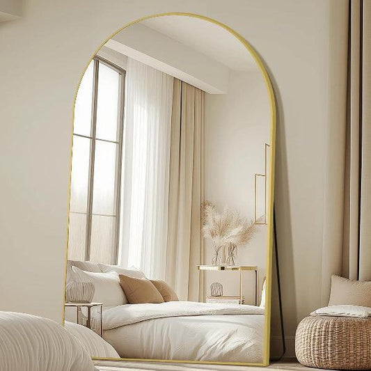 Gold arched full-length mirror with aluminum frame, shatterproof tempered glass, freestanding or wall-mounted by MIRRORONS