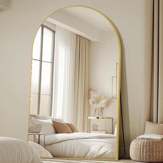 Gold arched full-length mirror with aluminum frame, shatterproof tempered glass, freestanding or wall-mounted by MIRRORONS