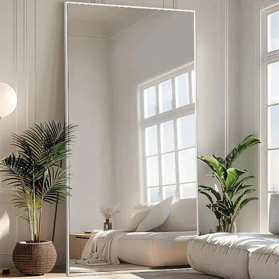 Large silver MELOMOIR oversized floor mirror with thin aluminum frame, leaning or hanging, tempered glass for bedroom or living room.