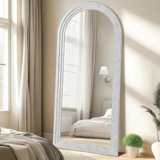 Rustic farmhouse style arched full-length MIRRORONS floor mirror with solid wood frame and shatterproof tempered glass.