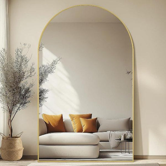 Gold arched full-length floor mirror with aluminum frame, shatterproof tempered glass, freestanding or wall-mounted by MIRRORONS