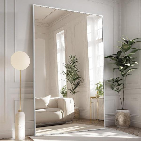 Large silver MELOMOIR oversized floor mirror with a thin aluminum frame, leaning or hanging, with tempered glass for bedroom or living room.