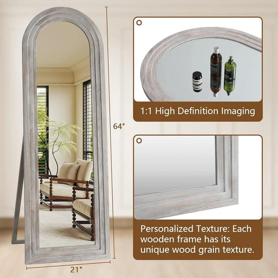 Arched full-length MIRRORONS floor mirror with rustic wood frame, freestanding design, shatterproof tempered glass, farmhouse style