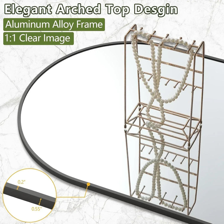 Oversized freestanding arched full-length mirror with gold aluminum frame, showcasing a sleek and modern design.