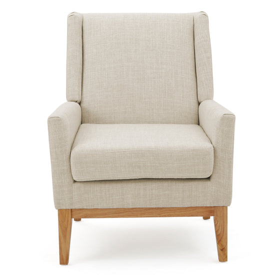 Beige mid-century modern accent chair with padded cushion seat, ideal for home or office seating, by V.I.P Digital Presence.