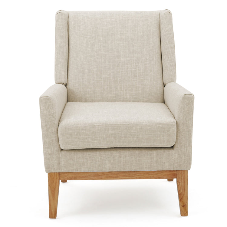Beige mid-century modern accent chair with padded cushion seat, ideal for home or office seating, by V.I.P Digital Presence.