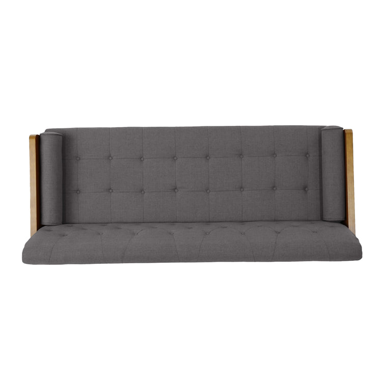 Grey fabric Aidan mid-century modern tufted sofa with clean lines and tufted cushions, perfect for stylish living room seating.