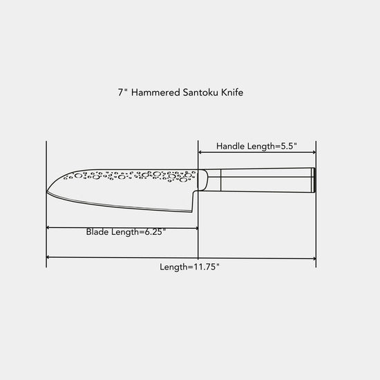 Swiss Diamond 7-inch hammered Santoku knife with a textured blade for precise slicing and chopping in the kitchen.