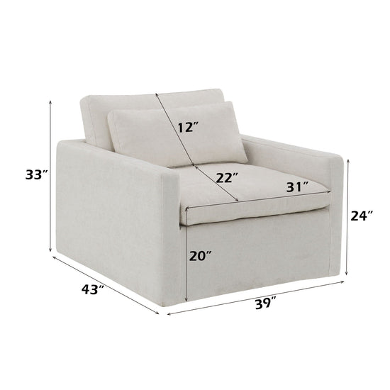 HouseOfZazla Naveen swivel chair with toss pillow, modern 360° lounge chair in neutral fabric, showcasing comfortable design and stylish look.