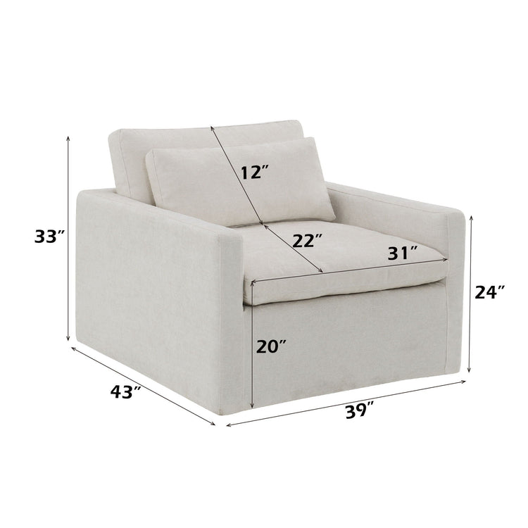 HouseOfZazla Naveen swivel chair with toss pillow, modern 360° lounge chair in neutral fabric, showcasing comfortable design and stylish look.