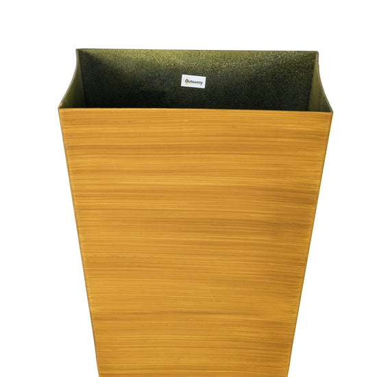 Set of three 28-inch outdoor garden planters by Gallery La La, tan faux wood plastic pots with drainage holes for patio and garden.