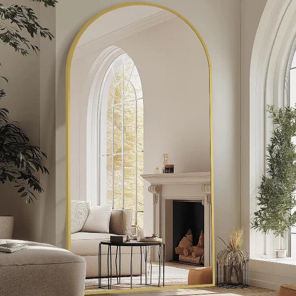 Full-length arched mirror with gold aluminum frame, shatterproof tempered glass, freestanding or wall-mounted by MIRRORONS.