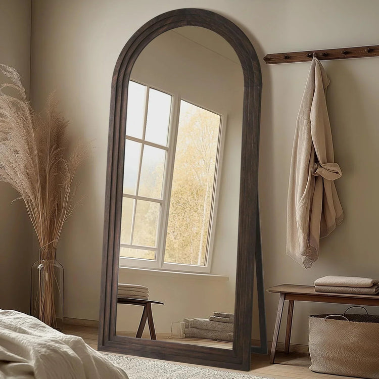 Full-length arched floor mirror with rustic wood frame, freestanding design, shatterproof tempered glass by MIRRORONS.