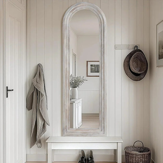 Full-length rustic farmhouse floor mirror with solid wood frame, arched design, freestanding, shatterproof tempered glass by MIRRORONS.