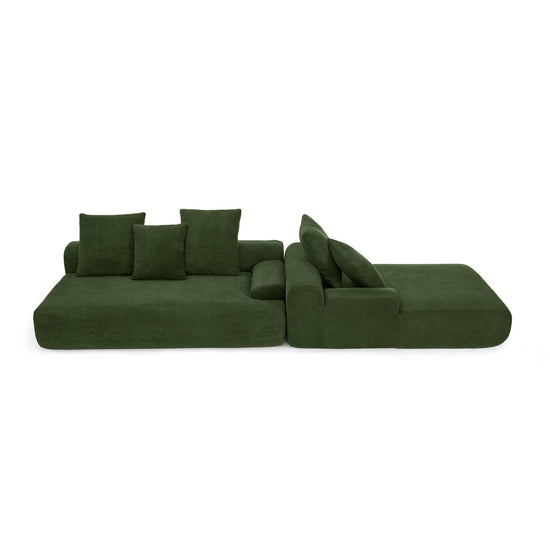 Green velvet L-shaped sectional sofa by HouseOfZazla, modern modular design with plush cushions and sleek fabric upholstery.