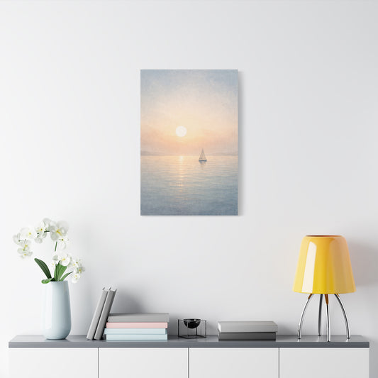 Sailboat sunrise canvas wall art featuring a coastal seascape with neutral tones, perfect for beach or nautical decor.