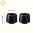 Two black ceramic cups with gold rims on a white background, showing dimensions.