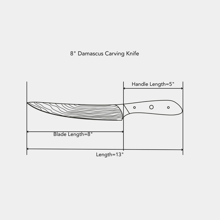 8-inch Damascus carving knife by Swiss Diamond with a patterned Damascus steel blade for precise slicing.