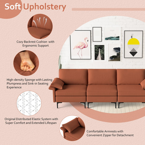 Large linen fabric 3-seat sectional sofa with metal legs, high-density cushions, and built-in USB ports for modern comfort.